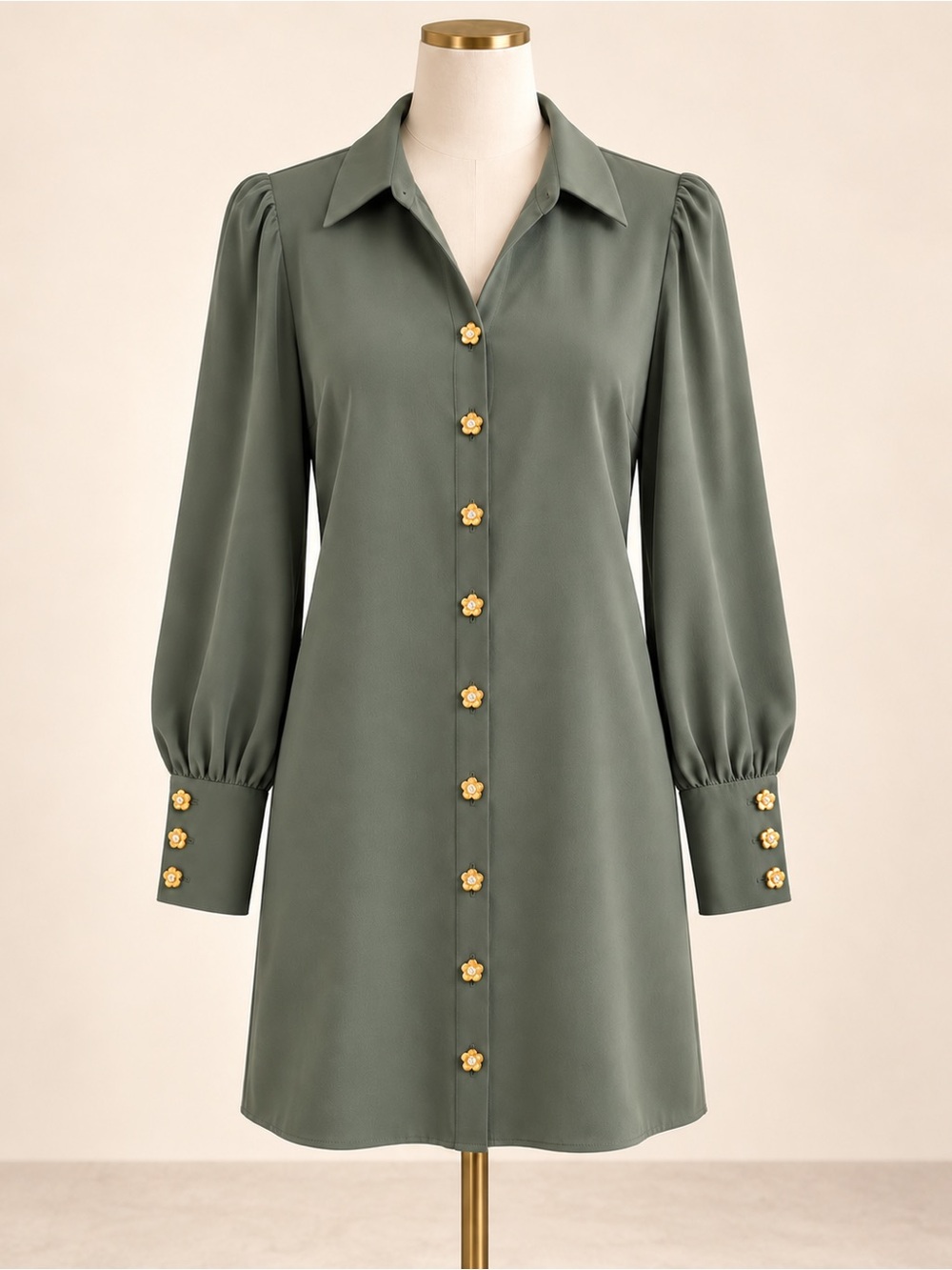 Amanda Uprichard Olive Green Long-Sleeve Shirt Dress with Gold Flower Buttons